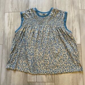 Anthropologie Blue and Cream Patterned Smocked Yoke Sleeveless Top, women’s S